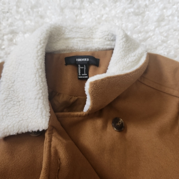 Forever 21 Tan Faux Fur Collar Brown Peacoat L Double Breasted Y2K Fall Winter - Picture 11 of 15